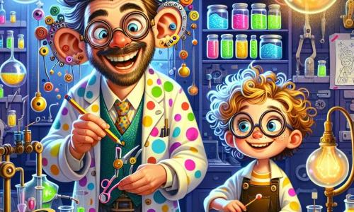 Un inventore, il signor Bartolomeo, è in piedi nel suo laboratorio con un ampio sorriso sul volto. Indossa un camice a pois colorati, occhiali tondi e ha i capelli in disordine. Tiene una matita in una mano e un grande quaderno pieno di schizzi nell'altra, circondato da macchine strane e strumenti scintillanti. Accanto a lui c'è Giulia, una ragazza di dieci anni con grandi occhi curiosi e capelli ricci, che guarda affascinata un prototipo di orecchie magiche. Il laboratorio è un luogo magico, pieno di colori vivaci, scaffali carichi di barattoli e un lampione a forma di bolla che illumina la scena. Bartolomeo e Giulia stanno creando insieme le nuove 