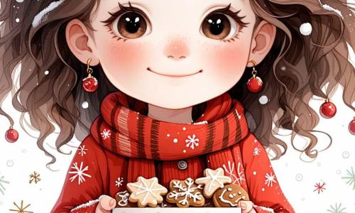 In the foreground, a 5-year-old girl named Lily, with big sparkling eyes and curly hair, wears a red dress with snowflake patterns. She joyfully smiles, her cheeks rosy from the cold, holding a box of decorated cookies in her small hands. Next to her, a 6-year-old boy named Jamie, with messy brown hair and a green sweater, claps enthusiastically, his eyes shining with happiness. A little further away, Mia, a 5-year-old girl with braids and a wool hat, dances twirling with her arms raised to the sky, full of energy and joy. The setting is a charming village square covered in a thick layer of sparkling snow, with a large illuminated Christmas tree in the center, adorned with colorful garlands and shiny ornaments. Snowflakes gently fall from the sky, adding a magical touch to the scene. The main situation shows the children singing and dancing around the tree, surrounded by smiling villagers joining them, creating a festive and warm atmosphere filled with laughter and joy as they celebrate the spirit of Christmas together.