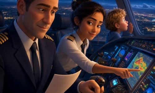 Ein etwa vierzigjähriger Pilot mit sanftem, konzentriertem Gesicht, kurzen kastanienbraunen Haaren und beruhigendem Blick trägt eine dunkelblaue Pilotenjacke mit goldenen Schulterklappen, hält in der einen Hand eine Papier-Checkliste und bedient mit der anderen die Cockpitsteuerung, neben ihm sitzt eine etwa 28-jährige Copilotin mit dunkler Haut und zusammengebundenen dunklen Haaren, ein schelmisches, aufmerksames Lächeln, sie zeigt auf eine Wetterkarte auf einem Touchscreen; hinter dem Cockpit sitzt ein etwa siebenjähriger Junge mit zerzaustem blondem Haar und staunenden Augen, die Stirn an das Fenster gedrückt, um die darunter funkelnde Stadt zu sehen; das geschlossene Hightech-Cockpit mit farbigen Knöpfen, leuchtenden Bildschirmen, gedämpftem blauem Licht und gechromten Bedienelementen zeigt durch die Fenster einen sternklaren Nachthimmel, das Flugzeug startet bei Nacht, der Pilot arbeitet ruhig seine Checkliste ab, die Copilotin justiert die Route, um ein Gewitter zu umfliegen, sichere, professionelle Atmosphäre.