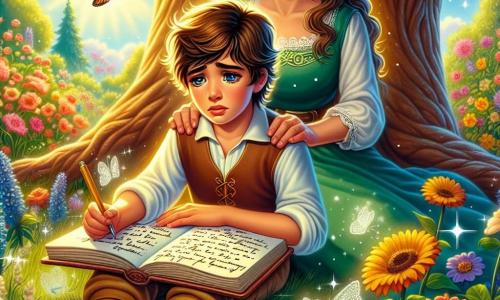 Um garoto de 10 anos, com cabelos castanhos bagunçados e olhos tristes, está sentado sob um grande carvalho, segurando um caderno de memórias aberto em seu colo. Seu rosto exibe uma expressão melancólica, mas determinada, enquanto escreve lembranças de sua avó. Ao seu lado, sua mãe, uma mulher na casa dos trinta anos com cabelos longos e ondulados, o observa com ternura, as mãos apoiadas em seus ombros, oferecendo apoio reconfortante. O local é um jardim ensolarado, repleto de flores coloridas e árvores majestosas, onde a grama é de um verde vibrante. Borboletas voam ao redor, acrescentando um toque de magia ao ambiente. A cena principal mostra o garoto escrevendo histórias sobre sua avó, cercado pela beleza da natureza, simbolizando a vida e as memórias que perduram apesar da perda.