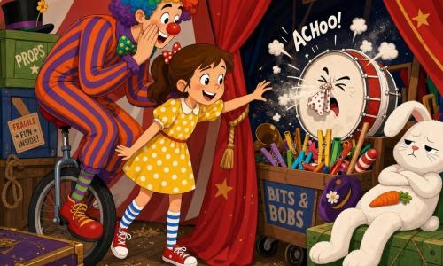 An 8-year-old girl named Poppy looks with bright eyes and a curious smile; she wears a yellow polka-dot dress, blue-and-white striped socks and red sneakers, and holds the edge of a large red curtain with one hand. A male clown of about 30 rides a unicycle to Poppy’s left; he has a glittery red nose, a multicolored curly wig, an orange-and-purple striped suit, and leans in to whisper to her. Behind the curtain a white drum dusted with flour has a small fabric fly pinned like a “nose” and appears to be sneezing, set beside a wooden cart filled with clothespins and colorful props. A giant white stuffed rabbit slumps on a crate with a small orange carrot on its belly as if refusing to move. The setting is the backstage of a circus tent: large red-and-white canvas stripes, a wooden floor strewn with light sawdust, yellow hanging lanterns, and stacked crates painted green and blue. The scene conveys magical disorder: slightly living props, bright colors, flat sharp textures, exaggerated joyful expressions; Poppy reaches toward the sneezing drum while the clown steadies her on his unicycle.