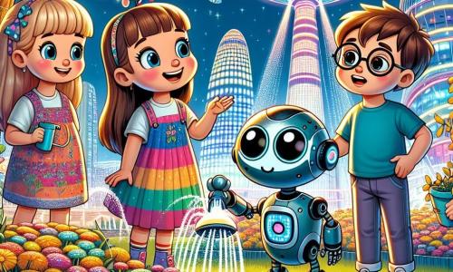 W futurystycznym parku Słonecznego Miasta czterech przyjaciół stoi razem. Mia, 8-letnia dziewczynka z długimi brązowymi włosami i kolorową sukienką, uśmiecha się, patrząc na robota. Po jej prawej stronie Leo, 7-letni chłopiec w okrągłych okularach i niebieskiej koszulce, wskazuje na dużego robota, który podlewa kwiaty. Po lewej stronie Mii Kasia, 6-letnia dziewczynka w ładnej różowej sukience, zachwyca się kwiatami błyszczącymi w słońcu. Na końcu Antek, 8-letni chłopiec z protezą nogi, pochyla się, by zbadać małego smutnego robota, Robo-Przyjaciela, który ma uroczy wygląd z okrągłymi oczami i niebieskim ciałem. Park jest pełen kolorowych kwiatów, otoczony dużymi drzewami z błyszczącymi liśćmi, a w tle widać futurystyczne budynki o zaokrąglonych kształtach i jasne światła. Różne roboty krzątają się wokół, tworząc radosną i dynamiczną atmosferę. Główna sytuacja pokazuje dzieci pomagające Robo-Przyjacielowi w odnalezieniu zagubionej zabawki, podczas gdy robot ogrodnik, Robo-Kwiat, obserwuje je z życzliwym uśmiechem. Dzieci są zaangażowane w tę misję, ilustrując ducha współpracy i przyjaźni panującego w tym futurystycznym świecie.