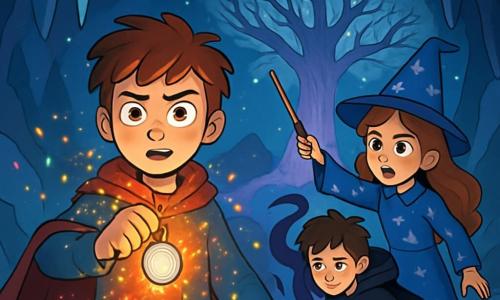 Młody czarodziej imieniem Léon, mający około 12 lat, stoi w centrum rozległej jaskini, z kamiennymi ścianami migoczącymi w świetle magicznego kryształu. Ma niechlujne kasztanowe włosy, oczy pełne ciekawości i twarz wyrażającą zarówno niepokój, jak i determinację. Trzyma w dłoni srebrny medalion, oświetlony ciepłym blaskiem, a wokół niego unosi się aura magii, tworząc kolorowe iskry w powietrzu. Obok niego stoi Julia, 12-letnia dziewczyna z długimi, falującymi włosami, ubrana w niebieską suknię czarodziejki ozdobioną srebrnymi gwiazdami. Podnosi swoją magiczną różdżkę, gotowa do rzucenia zaklęcia, z wyrazem odwagi i koncentracji na twarzy. Nieco w tyle, Edgar, 12-letni chłopiec z brązowymi włosami i smutnymi oczami, klęczy, walcząc z wpływem ciemnej magii, w czarnej pelerynie unoszącej się wokół niego. Scena rozgrywa się w tajemniczej grocie, gdzie migoczące stalaktyty zwisają z sufitu, a w centrum stoi wielkie srebrne drzewo, Serce Dębowe, otoczone fioletową mgłą. Cienie tańczą na ścianach, tworząc atmosferę zarówno magiczną, jak i niepokojącą. Główna sytuacja pokazuje Léona i Julię zjednoczonych w walce z ciemną istotą, która zagraża przejęciem Serce Dębowego, podczas gdy Edgar, pod wpływem tej magii, walczy o odzyskanie swojej wolnej woli.