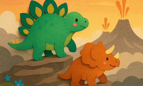 Um jovem estegossauro redondo, placas verde-emerald e amarelo-dourado, olha o horizonte orgulhoso e maravilhado, com uma pata erguida como se tivesse alcançado o cume; atrás dele, um triceratops amigo menor, com chifres curtos e focinho curioso, sorri e apoia a pata numa pedra para ajudar, suas sombras se tocam levemente; no topo de uma montanha rochosa com solo em camadas cinza e marrom, neblina branca como papel vegetal e gêiseres distantes em jatos laranja-avermelhados, pequenas flores azuis ao longo do caminho; cena na beira do cume após contornar gêiseres borbulhantes, clima de vitória suave, vento que agita as bordas do papel e cores quentes de pôr do sol.