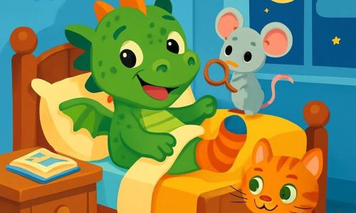 Doodle, a small green dragon with shiny scales and sparkling curious eyes, is lying in his bed with a joyful expression and a big smile. He wears a striped sock on one paw, while the other paw rests on his fluffy pillow. Button, a small gray mouse with big ears and a pink nose, is perched on the edge of the bed, eyes wide with excitement. She holds a small wooden magnifying glass, ready to help Doodle find his other sock. Pip, a tabby cat with bright green eyes, sits on the colorful striped rug, playing with a ball of yarn, his face showing a mischievous expression. The scene takes place in a cozy room with sky-blue walls and golden stars hanging from the ceiling. A large storybook is open on the nightstand, and soft moonlight streams through the window, creating a magical atmosphere. Doodle, Button, and Pip are searching for the missing sock, laughing and having fun together in this joyful and playful setting.