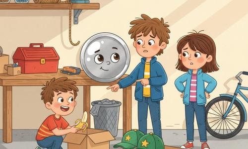 Main character: a small round shiny metal button on a blue jacket, curious proud expression, small white highlight, blinking slightly as if observing and ticking. Secondary: Ben, 4–6, tousled hair, enthusiastic focused face, holding a banana like a clue, crouched by boxes. Secondary: Leo, 8–10, messy hair, worried then relieved, wearing the jacket with the button and pointing to two caps on a box. Secondary: Mia, middle child, mock smile, hands on hips, standing beside the boys rummaging through a box labeled 