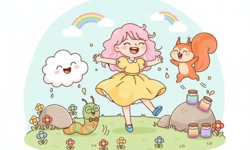 Princess Lila, a joyful, mischievous girl with pale pink curly hair, twirling yellow dress and shiny blue shoes, takes a wobbly step laughing and reaches out to tag; Cloudy, a small fluffy cloud character with laughing eyes, floats left of her and drops a tiny raindrop smiling; Wiggles, a striped green-and-orange segmented worm with glasses and a small red bow tie, wiggles on the ground near her feet demonstrating 