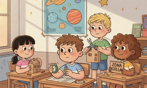Un gruppo di bambini di 8 anni costruisce una "città di cartone" in una classe colorata: Tommaso, viso rotondo con lentiggini e capelli castani corti, seduto a una piccola tavola di legno davanti a un muro bianco con un adesivo a stella gialla, usa un piccolo timer verde per una pausa calma guardando un grande cartellone delle pianete; Sara, capelli neri in coda, disegna finestre su una casetta di cartone; Luca, biondo, piega e taglia una facciata con aria orgogliosa; Amira, capelli ricci castani, scrive un cartello “ZONA COLLA” sorridendo benevola; la stanza mostra tavoli bassi, ritagli di cartone, colla, nastro adesivo, giornali e tratti di pittura, luce calda da finestra e atmosfera di collaborazione tranquilla.