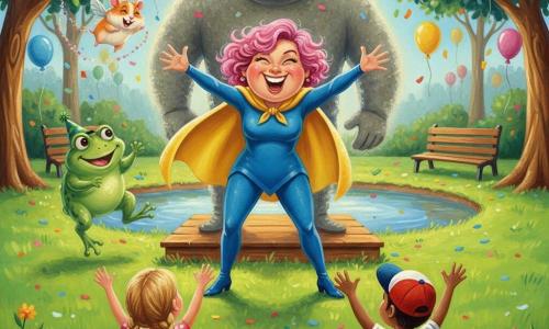 An adult woman named Wonder Wendy, about 30, round expressive face, short curly pink hair, wearing a shiny yellow cape and blue costume, stands center on a small wooden platform making an exaggerated funny grimace and gesturing; a flying hamster named Captain Nibbles, small beige-and-white with pink ears, circles her leaving a trail of glitter and sometimes perches on her shoulder; a big smiling green frog named Ribbit with a small green party hat bounces near a mirror-like pond looking at Wendy; a reformed villain Frownzilla, a tall stocky man with slightly textured gray skin, stands behind the platform transitioning from a frown to a wide smile with a soft halo of light; two children in the audience—a 7-year-old girl with blonde braids and a polka-dot dress and a 6-year-old boy in jeans and a red cap—sit on the grass laughing with hands raised; the colorful park has a bright green lawn, multicolored banners, floating balloons, wooden benches, round-leaf trees, confetti and petals in the air; main scene: a joyful show where Wonder Wendy turns sadness into laughter, Captain Nibbles flies, Ribbit dances and Frownzilla begins to smile, with bright lighting, vivid contrasts, saturated colors and visible acrylic textures.