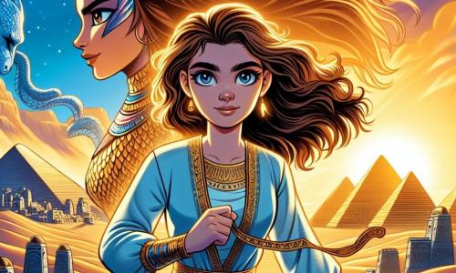Amara, a brave young woman of about 16, stands at the edge of a golden desert, her long brown hair flowing in the warm wind. She wears a light blue linen tunic adorned with golden patterns, and a determined look lights up her face, revealing her bravery and excitement. Beside her is Serqet, a mythical creature that is half-woman, half-cobra, with shiny scales and piercing eyes, watching her with an enigmatic smile, ready to share secrets. The setting is a desert landscape with rolling dunes under a deep blue sky, and in the distance, the majestic silhouettes of pyramids rise against the horizon. The scene takes place at the entrance of the Temple of Shadows, its walls covered in shimmering hieroglyphs illuminated by the golden light of the setting sun. Amara prepares to enter the temple, holding a shining sun-shaped pendant, a symbol of her quest to restore light, while mysterious shadows dance around her, creating a magical and intriguing atmosphere.