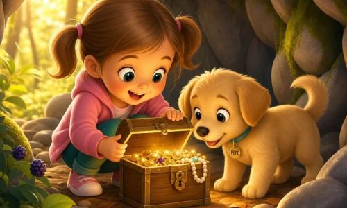 Una bimba di 4 anni, Anna, radiosa e curiosa con capelli castano chiaro a codini, occhi grandi e sorrisi stupiti, accovacciata ad aprire un piccolo scrigno di legno; accanto a lei Pepe, un cagnolino beige dal pelo morbido che scodinzola e annusa lo scrigno. La grotta è piccola e accogliente con pareti di pietra grigia striata, muschio verde lucente e qualche mora viola all'ingresso; il terreno è coperto di foglie brune e ciottoli levigati, una luce dorata filtra tra gli alberi creando riflessi caldi sullo scrigno. Scena di scoperta di un tesoro, sorpresa e gioia, composizione centrata su Anna e Pepe, atmosfera intima con colori caldi e contrasti morbidi.