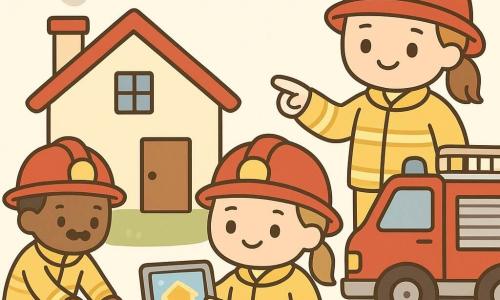 Die Hauptfigur ist eine Feuerwehrfrau, Anna, lächelnd und stolz, rundes Gesicht, braune Haare im Pferdeschwanz, glänzender roter Helm und gelbe Jacke mit Reflektoren; sie hält ein kleines Tablet mit einer leuchtenden Karte und zeigt auf das Haus. Neben ihr steht die Feuerwehrfrau Lena, etwa 30, kurze blonde Haare, lächelt und steht bei der roten Feuerwehrtür mit einer in Ruhe gehaltenen Löschlanze. Ein männlicher Feuerwehrmann, etwa 35, mit feinem Schnurrbart legt eine Decke vor die Tür und überprüft die Sicherheit. Das kleine Haus ist cremefarben mit rotem Dach, eine Fensterscheibe ist verraucht, auf dem grünen Rasen einfache Blumen, leichter hellgrauer Rauch steigt auf. Das rote Löschfahrzeug steht davor, Leiter eingeholt, blaue Sirene auf dem Dach, Scheinwerfer werfen sanftes Licht. Szene: Anna und Lena kommen nach dem Einsatz, sichern das fast gelöschte Haus in ruhiger, beruhigender Atmosphäre; Pastellfarben, einfache Konturen, glückliche und erleichterte Gesichtsausdrücke.