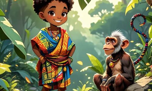 Kofi, un băiat de aproximativ 12 ani, stă în centrul imaginii, cu ochii strălucitori și un zâmbet larg de entuziasm. Poartă o tunică din țesătură colorată, împodobită cu motive africane vibrante, și sandale din piele. Părul său creț este împletit în mici codițe, iar în mâna dreaptă ține un talisman sculptat din lemn de shea, privind cu curiozitate drumul din fața lui. La dreapta sa, un babuín în vârstă, cu blană brună și ochi jucăuși, stă pe o piatră, observându-l pe Kofi cu un aer înțelept. Decorul este o savană aurie, presărată cu baobabi măreți și iarbă înaltă care se leagănă în vânt. Kofi se află la o răscruce unde se despart trei căi, fiecare ducând spre o aventură diferită: una spre o pădure densă, alta spre un deșert strălucitor și ultima spre un lac sclipitor. Plin de entuziasm și ezitare, Kofi se pregătește să-și aleagă calea, simbolizând începutul călătoriei sale spre descoperirea de sine.
