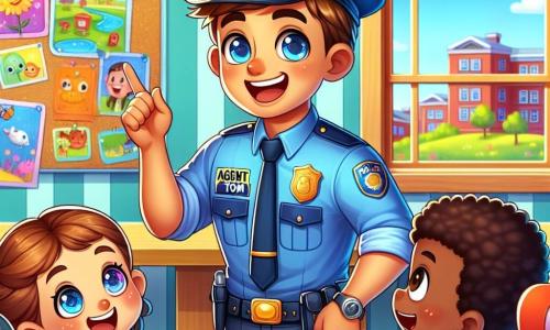 Agent Tom, een man van ongeveer dertig jaar in een blauw uniform, met een brede glimlach en sprankelende ogen, praat enthousiast met een groep kinderen. Hij heeft bruin haar en draagt een politiepet. Een 8-jarig meisje met vlechten en een roze t-shirt steekt haar hand op, met glinsterende ogen van opwinding, klaar om een vraag te stellen. Naast haar luistert een 7-jarig jongetje met een rode pet en een blauwe short aandachtig, met gekruiste armen en een nieuwsgierige uitdrukking op zijn gezicht. De scène speelt zich af in een kleurrijk klaslokaal, met educatieve posters aan de muren, houten bureaus en ramen die zonlicht binnenlaten. Kindertekeningen versieren de muren, wat een vrolijke sfeer toevoegt. Agent Tom legt zijn werk als politieagent uit aan de kinderen, terwijl ze samen lachen en plezier maken.