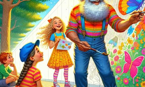 Een oudere man met een lange grijze baard en een kleurrijke bretel glimlacht vrolijk terwijl hij een penseel in zijn hand houdt. Hij draagt een felrode baret en een gestreepte multicolore shirt, vol energie en creativiteit. Naast hem kijkt een 8-jarig meisje met mooie vlechten en een stralende gele jurk vol verwondering naar de grote muur, klaar om een mooie vlinder te schilderen. Een 9-jarig jongetje met een blauwe pet en een groene t-shirt zit op de grond, gefocust op het tekenen van een boom, zijn ogen stralen van opwinding. De locatie is een zonnige schoolplein, omringd door grote groene bomen en kleurrijke bloemen, met een grote witte muur die klaar is om omgevormd te worden tot een kunstwerk. De hoofdscène toont de personages die vrolijk samenwerken, samen een prachtige muurschildering vol levendige kleuren schilderend, die dieren en bloemen voorstelt, terwijl ze lachen en ideeën delen.