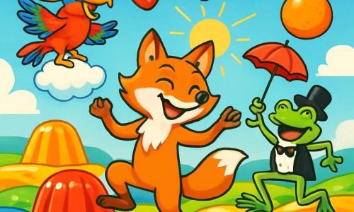 Ein schlauer und schelmischer Fuchs mit leuchtend orangefarbenem Fell und neugierigen Augen steht im Zentrum einer riesigen Wackelpuddingwiese und zeigt ein staunendes Lächeln. Er tanzt fröhlich mit erhobenen Pfoten, umgeben von leuchtenden Farben. Rechts von ihm springt ein Frosch im schwarz-weißen Anzug mit einem kleinen Zylinder begeistert herum und hält einen roten Regenschirm in der Hand, während er vor Freude lacht. Links von ihm sitzt ein bunter Papagei mit einem großen Blumenhut auf einer bonbonförmigen Wolke und ruft mit fröhlichem Ausdruck ermutigende Worte. Die Szene spielt sich auf einer verrückten Wiese ab, wo der Boden aus buntem Gelee besteht, das in der Sonne glitzert, und kuchenförmige Wolken im strahlend blauen Himmel schweben. Der energiegeladene Fuchs ist bereit, eine absurde Herausforderung anzunehmen: mit den Fröschen zu tanzen und dabei riesige Früchte, die vom Himmel fallen, zu jonglieren.