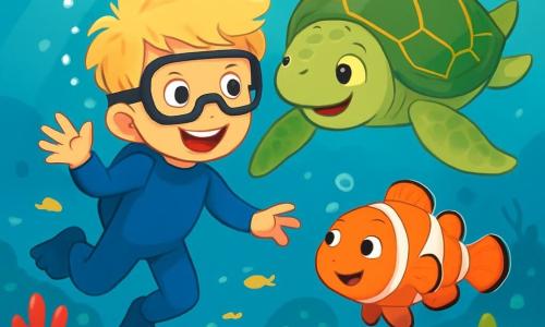 Een 8-jarig jongetje, Finn, met toushaar en nieuwsgierige ogen, zwemt vrolijk onder water in een blauwe duikpak. Zijn gezicht straalt verwondering en opwinding uit terwijl hij de onderwaterwereld ontdekt. Naast hem zwemt een grote zeeschildpad met een groene schild en gouden patronen, die vriendelijk glimlacht en Finn de wonderen van de oceaan toont. Iets verderop danst een kleurrijke clownvis, oranje en wit, om Finn heen en voegt vreugde toe aan de scène. De achtergrond toont een prachtig koraalrif vol kleurrijke koralen, glinsterende vissen en luchtbellen die naar de oppervlakte stijgen. Het zonlicht filtert door het water en creëert gouden reflecties op het zand. Finn volgt verwonderd de zeeschildpad door dit betoverende onderwaterlandschap, klaar voor een onvergetelijk avontuur.
