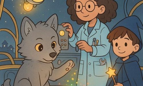 Luno, un pequeño lobo gris de pelaje suave y ojos avellana, está sentado con la pata levantada guiando un hilo de luz invisible; junto a él vuela Brilli, un dron-luciernaga metálico de cúpula brillante, mientras Mirna, una ingeniera de cabello rizado y gafas, ajusta un regulador en un panel y Arco, un joven aprendiz de mago con capa azul noche, sostiene un bastón estrellado que proyecta una luz tenue; todo ocurre en el borde iluminado de un anillo flotante —placas metálicas pulidas, arcos dorados y hilos de luz como cintas— donde Luno deshace pacientemente un nudo de cables magnéticos y las pequeñas partículas luminosas se ordenan en un arco de colores bajo una luz cálida.
