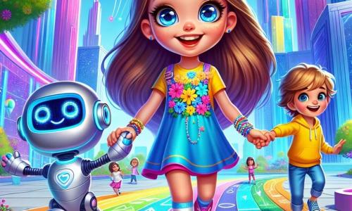 An 8-year-old girl named Emma, with long brown hair and sparkling curious eyes, joyfully smiles while holding the hand of a friendly, shiny robot named Robo, who has bright blue eyes and a silver body. Emma wears a colorful dress with floral patterns and pink sneakers, while Robo, with his futuristic design, emits a soft glow. Nearby, two children, Lucy and Max, aged 7 and 8 respectively, play in the park. Lucy has blonde hair and wears a bright yellow t-shirt, while Max, with brown hair, is dressed in a blue hoodie. They laugh and draw shapes on the ground with colorful chalk. The setting is a suspended park in a futuristic city, surrounded by sparkling skyscrapers in vibrant colors, with lush plants and bright flowers seemingly floating in the air. Sky trains glide gently above, adding a dynamic touch to the scene. The main focus shows Emma and Robo, beaming with happiness, ready to explore the park and help their friends draw while respecting the rules of their wonderful city.