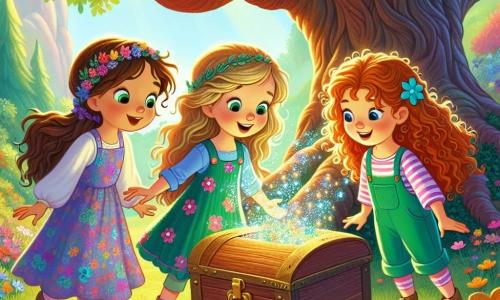 Drie kleine meisjes, Lila, Juna en Sara, zijn samengekomen onder een grote majestueuze boom. Lila, 8 jaar oud, heeft lang bruin haar en draagt een kleurrijke jurk met bloemenpatronen. Ze houdt een glanzende kaart in haar handen, met opgewonden ogen. Rechts van haar kijkt Juna, ook 8 jaar, met blonde vlechten en een blauwe t-shirt met een roze short, nieuwsgierig naar de kaart. Links staat Sara, 7 jaar, met krullend kastanjebruin haar en een groene overall. Ze glimlacht terwijl ze wijst naar een grote houten kist die voor hen ligt. De plek is een zonnige open plek, omringd door kleurrijke bloemen en groen gras. De grote boom heeft een dikke, knoestige stam en zonnestralen filteren door de takken, wat een magische sfeer creëert. De kleine avonturiers ontdekken een mysterieuze kaart die hen naar een grote schatkist onder de boom leidt. Ze zijn klaar om de kist te openen en de schatten erin te ontdekken, met gezichten vol opwinding en vriendschap.
