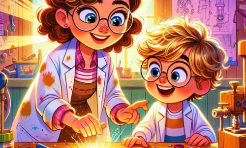 Emma, een uitvinder met krullend bruin haar, draagt een laboratoriumjas vol verfspatten. Ze heeft een nieuwsgierige glimlach en sprankelende ogen van opwinding terwijl ze gehurkt een glanzend voorwerp onder haar werktafel onderzoekt. Sam, een 8-jarig jongetje met wild blond haar en ronde bril, staat naast haar met grote ogen van verbazing en wijst naar het mysterieuze voorwerp. De scène speelt zich af in een kleurrijke en chaotische werkplaats, vol vreemde machines, uitvindingstekeningen aan de muren en verschillende gereedschappen verspreid over houten tafels. Zonnestralen filteren door een raam, verlichten het stof in de lucht en creëren een warme en inspirerende sfeer. De belangrijkste situatie toont Emma en Sam die samen een glinsterend voorwerp onder de tafel ontdekken, wat het begin van een nieuw uitvindavontuur symboliseert, met verwondering op hun gezichten.