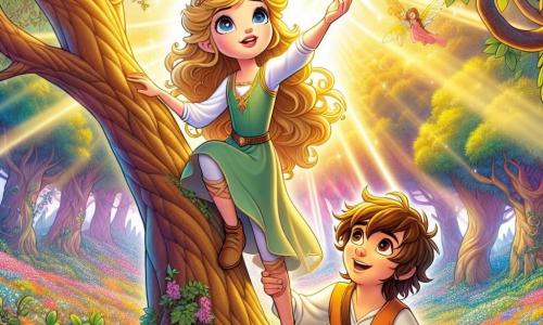 Una principessa di nome Aurora, di circa 12 anni, si trova sulla cima di un grande albero maestoso, i suoi lunghi capelli dorati che fluttuano nel vento. Ha occhi brillanti come stelle e un sorriso determinato sul volto, che esprime coraggio e meraviglia. Accanto a lei, il suo fedele amico Elio, un ragazzo di 13 anni con capelli castani disordinati e uno sguardo brillante di entusiasmo, scala con agilità, allungando la mano verso di lei per incoraggiarla. La scena si svolge nella foresta incantata di Eldoria, dove grandi alberi con tronchi spessi si ergono verso il cielo, le loro foglie scintillano di mille colori sotto la luce del sole. Fiori multicolori coprono il terreno, creando un tappeto di bellezza naturale, mentre un dolce raggio di luce filtra tra i rami. Aurora ed Elio stanno recuperando la Gemma del Sole, un brillante bagliore dorato, sospesa a un ramo alto, simbolo della loro missione per salvare il regno. L'atmosfera è magica e piena di avventura, con uccelli che cantano e una leggera brezza che fa danzare le foglie intorno a loro.
