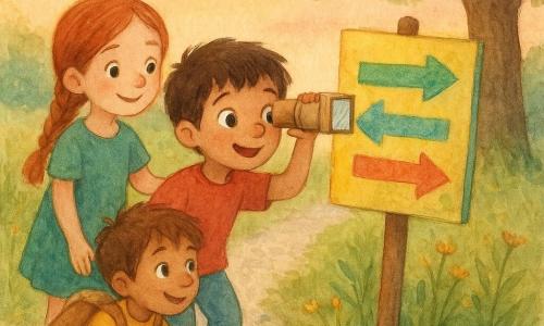 Un bambino di 6 anni, Luca, allegro e concentrato, capelli corti castani e occhi grandi, tiene un telescopio di cartone e specchi, inclinato verso un grande pannello colorato al bordo di un sentiero ghiaioso; una bambina di 6 anni, Anna, capelli rossi lunghi e trecciati, sorridente, tiene la base del telescopio leggermente dietro a sinistra; un altro bambino di 6 anni, Marco, capelli castano chiaro arruffati, divertito, accovacciato a destra con uno zainetto di attrezzi, guarda il pannello; il pannello è grande, dipinto con colori vivaci e frecce e lettere infantili, piantato nell'erba; il sentiero è circondato da erba alta, fiori selvatici e un grande albero dal tronco rugoso, con un cielo al tramonto rosa e arancione; scena di meraviglia e amicizia, stile acquerello morbido con texture di carta.