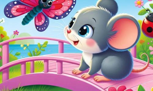 Una piccola topo di nome Lilla, con un morbido pelo grigio e occhi brillanti di curiosità, si trova su un ponte di petali rosa. Sorride con meraviglia, le sue piccole zampe sollevate come se fosse pronta a saltare. Accanto a lei, una farfalla blu dalle ali splendente vola gioiosamente, aggiungendo un tocco di magia alla scena. Una coccinella rossa, con puntini neri, si posa su una foglia verde, guardando Lilla con un'espressione amichevole. Il luogo è un campo soleggiato, pieno di fiori colorati e erba verde, sotto un cielo blu chiaro punteggiato di nuvole bianche e soffici. La scena principale mostra Lilla pronta a saltare gioiosamente sul ponte di petali, circondata dai suoi amici, pronta ad esplorare il mondo colorato che la circonda.