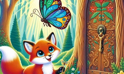 Mały lis o błyszczącej rudym futrze i dużych ciekawych oczach, z wyrazem zachwytu na twarzy, stoi przed starą drewnianą drzwiami ozdobionymi magicznymi wzorami w wielkim drzewie. Obok niego fruwa ładny motyl o kolorowych, niebiesko-żółtych skrzydłach, radosny i przyjazny, gotowy poprowadzić lisa w jego przygodzie. Tło to zaczarowany las z majestatycznymi drzewami, jaskrawymi kwiatami i promieniami słońca przefiltrowującymi przez liście, tworząc magiczną atmosferę. Główna scena pokazuje lisa trzymającego błyszczący klucz w łapach, gotowego otworzyć tajemnicze drzwi prowadzące do świata przygód.