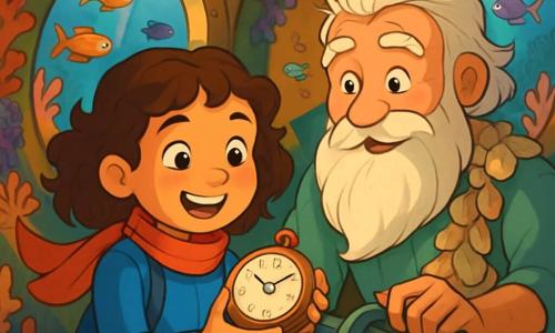 An 8-year-old girl, Mila, with curly brown hair and sparkling curious eyes, is wearing a blue wetsuit and a red scarf that floats around her. She smiles enthusiastically, holding a shiny old watch dial in her hands. Next to her is Tully, an elderly man with a long white beard and clothes made of shells, looking at Mila with pride, his eyes shining with admiration. They are both inside an old submarine, surrounded by walls covered in colorful coral and multicolored fish swimming outside the portholes. The main scene shows Mila and Tully working together to repair the submarine's engine, while beams of light filter through the water, illuminating the inside of the submarine with a magical glow.