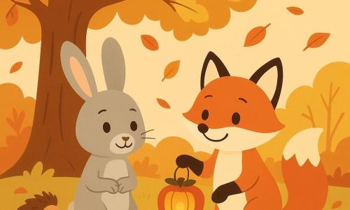 A gray rabbit with gentle eyes and long ears, named Bramble, stands under a large oak tree with golden leaves, wearing a shy smile. Next to him, a small fox with bright orange fur, named Rowan, looks at Bramble with sparkling eyes and a warm smile, holding an apple-shaped lantern. In the background, a hedgehog named Hazel, with brown spines and a cheerful demeanor, adjusts a ribbon around a pile of acorns. The scene takes place in a forest clearing bathed in the soft light of late afternoon, where red and orange leaves gently fall around the characters. The main situation shows Bramble and Rowan sharing a moment of companionship and discovery under the oak tree, surrounded by the soothing beauty of autumn.