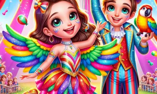 Una bambina di 8 anni, Sofia, con lunghi capelli castani e occhi brillanti di gioia, si trova al centro della scena, con un grande sorriso sul volto. Indossa un costume colorato e scintillante, decorato con paillettes, e tiene delicatamente un pappagallo colorato di nome Pipo sulla spalla, con le braccia aperte come se fosse pronta a volare. Accanto a lei, Marco, un giovane di circa 20 anni, con un cilindro e un grande sorriso, lancia palline in aria, mostrando il suo talento di addestratore di animali. Indossa una giacca brillante e pantaloni a righe, aggiungendo un tocco di magia alla scena. Lo sfondo è un grande tendone da circo, pieno di colori vivaci: strisce rosse e gialle sulla tela, luci scintillanti che illuminano la scena, e un pubblico entusiasta che applaude e ride. Palloncini fluttuano nell'aria e coriandoli cadono dolcemente. La situazione principale mostra Sofia, piena di entusiasmo, pronta a partecipare allo spettacolo, mentre Pipo vola graziosamente intorno a lei, creando un momento magico e gioioso nel cuore del circo.
