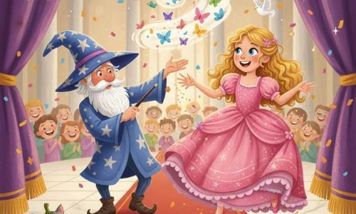 Princess Amelia is a joyful, wide-eyed girl with long golden curly hair and a sparkling pink ruffled dress; she hovers slightly above the stage scattering golden stardust with a big smile. The wizard Bartholomew, about 60, funny and a bit clumsy with a bushy white beard and an oversized starry hat, stands to her left waving his wand to conjure colorful butterflies and looks at her proudly. Whiskers the small fluffy gray cat, curious and mischievous, perches at the edge of the stage now a pumpkin with visible whiskers and one paw sticking out. The scene is a warm, magical show in the castle's great hall — pale marble floor, red carpet, purple curtains with gold fringe, lantern garlands and banners, a blurred audience applauding, confetti, white doves appearing, soft light, vivid gouache-like colors and a festive joyful atmosphere.