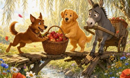 A young dog named Basil, medium-sized with shiny chestnut fur and lively hazel eyes, pushes a large wicker basket of red apples with a dynamic, joyful expression; Jasper, a golden retriever with a glossy coat and gentle smile, helps carry another basket beside him with a steady, knowing posture; Bartholomew, a gray donkey with tender eyes, holds the handle of a cracked wooden cart with his hooves on a broken plank of the narrow wooden bridge. The bridge spans a sparkling stream in a wildflower meadow (daisies, cornflowers, poppies) beneath draping silver branches of an old weeping willow in golden morning light. The scene is an animated moment of mutual aid centered on the bridge’s broken plank as the three animals work together to cross carrying baskets of apples, with water splashes, flying petals, and an optimistic warm atmosphere.