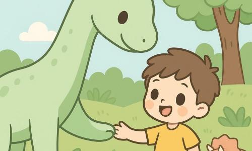 Niño de 6 años de ojos grandes y brillantes, pelo castaño despeinado y sonrisa maravillada, con camiseta amarilla y pantalón corto azul, extiende la mano hacia un gran brontosaurio verde pastel de cuello largo y ojos dulces que se inclina para rozar su mano con el hocico; un triceratops más pequeño color melocotón juega al fondo junto a un árbol en una clara prehistórica luminosa de hierba verde, helechos gigantes y troncos gruesos bajo un cielo azul con nubes; escena de encuentro tierno y mágico, segura y alegre, centrada en el contacto mano-hocico.