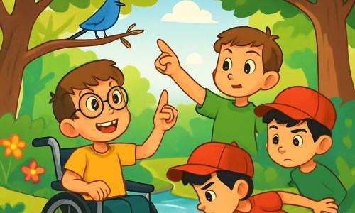 Há 4 crianças: - Miguel: um garoto de 10 anos, com cabelos castanhos e óculos. Ele está sentado em uma cadeira de rodas, sorrindo entusiasticamente e observando a natureza ao seu redor. - Lucas: um garoto de 10 anos, com cabelos loiros e olhos brilhantes. Ele está em pé ao lado de Miguel, apontando para uma linda saíra azul empoleirada em um galho. - João: um garoto de 10 anos, com cabelos pretos e um boné vermelho. Ele está ligeiramente à frente, lançando uma pedra plana no riacho, com uma expressão concentrada. - Pedro: um garoto de 10 anos, com cabelos castanhos e uma camiseta verde. Ele está atrás, observando atentamente a paisagem, com uma expressão curiosa no rosto. O local é à beira de um riacho cristalino, cercado por grandes árvores de folhas verdes brilhantes. Flores coloridas margeiam as margens, e o sol brilha através dos galhos, criando sombras dançantes no chão. A água brilha e peixinhos nadam alegremente sob a superfície. A situação principal da história mostra as crianças explorando a natureza, maravilhadas com a beleza de seu ambiente. Elas descobrem uma pequena fábrica abandonada que polui o riacho e se reúnem para discutir como podem ajudar a proteger seu precioso ecossistema.