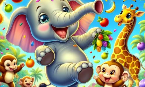 Um elefante feliz chamado Evaristo, com grandes orelhas e uma tromba curiosa, dança no meio de uma chuva de frutas coloridas, seu rosto radiante de felicidade. Ao seu lado, um pequeno macaco travesso chamado Tico, com pelagem marrom e olhos brilhantes, ri enquanto tenta pegar uma banana que cai do céu. Ao fundo, uma girafa chamada Gigi, com um longo pescoço e manchas douradas, pendura frutas em um galho de árvore, enquanto uma corvo colorido, empoleirada em um galho, canta alegremente. A cena acontece em uma selva exuberante, cheia de grandes folhas verdes, flores vibrantes e árvores majestosas, sob um céu azul ensolarado. A situação principal mostra os animais se divertindo juntos em uma festa improvisada, onde frutas caem como chuva, criando uma atmosfera de alegria e camaradagem.