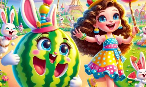 Uma menina de 8 anos, Lili, com longos cabelos cacheados e olhos brilhantes de alegria, ri alto enquanto segura um guarda-chuva colorido, Umbrolino, que dança alegremente ao seu lado. Lili usa um vestido de bolinhas multicoloridas e sandálias amarelas, cercada por coelhos de grandes orelhas que jogam futebol com uma melancia gigante, todos pulando de felicidade. O cenário é um parque mágico, cheio de árvores com troncos de doce e flores cantantes, sob um céu azul radiante com nuvens em forma de marshmallow. Ao longe, uma grande sorveteria com um letreiro luminoso chama a atenção, acrescentando um toque mágico ao ambiente. A cena principal mostra Lili e Umbrolino em uma aventura divertida, rindo juntos enquanto tentam pegar a melancia que rola rapidamente, criando uma imagem cheia de movimento e felicidade.
