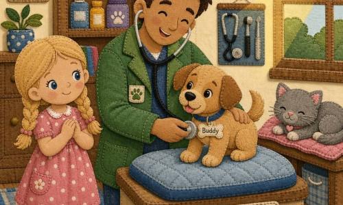 A tall, kind smiling veterinarian with short chestnut hair and a shiny green jacket gently examines a small light-brown puppy named Buddy with a round stethoscope while the girl Lily, about seven with blonde pigtails and a pink polka-dot dress, stands to his left with hands clasped, proud and amazed; a tiny gray kitten named Whiskers purrs on a soft table in the right corner of the warm cream-walled clinic with a wooden shelf of colorful boxes, a large window letting in a golden sunbeam, a blue striped rug and neatly stored tools, the puppy on a cushion wagging its tail, the scene soft, reassuring and rendered with visible stitched fabric textures and simple shapes.