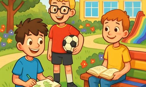 Er zijn 3 personages: Daan, een 11-jarig jongen met rommelig bruin haar en sprankelende ogen, zit op het gras met een schetsboek op zijn knieën en tekent kikkers. Max, ook 11 jaar, heeft kort blond haar en een bril, staat naast Daan met een rode voetbalshirt en een zwarte short, met een bal onder zijn arm, glimlachend en klaar om te spelen. Sem, een 10-jarig jongen met rood haar en sproeten, zit op een bank met een open boek op zijn knieën en kijkt Daan en Max aan met een bemoedigende glimlach. De scène speelt zich af op de speelplaats van de Regenboogschool, vol levendige kleuren met groene bomen, kleurrijke bloemen en verschillende houten banken. In het midden nodigt een groot groen grasveld de kinderen uit om te spelen, terwijl een regenboogglijbaan onder de zon schittert. De situatie toont Daan, Max en Sem die samen een vrolijke tijd doorbrengen, met Daan die kikkers tekent, Max die klaar is om te voetballen, en Sem die een boek leest, wat een sfeer van vriendschap en avontuur creëert. De lach en stemmen van de kinderen vullen de lucht, wat de geest van vriendschap en ontdekking van hun nieuwe school illustreert.