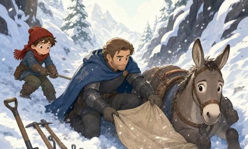Sir Aldán, caballero adulto de rostro cuadrado y amable, con armadura ligera oscura y capa azul, expresión decidida y tranquilizadora, arrodillado mientras desliza una gran lona beige bajo una mula atrapada en la nieve, sujetando con seguridad una cuerda anudada. Nico, niño de unos 12 años, pequeño y ágil, cabello castaño bajo un gorro rojo, preocupado pero concentrado, tira suavemente otra cuerda desde la izquierda junto al caballero. Bruma, mula de pelaje gris parduzco, ojos grandes y confiados, parte delantera aún en una cavidad de nieve polvo, orejas alerta y patas delanteras visibles. Lugar: un angosto puerto de montaña llamado Puerto del Lobo, abetos cubiertos de nieve, rocas negras sobresalientes, cielo pálido y viento levantando polvo blanco; suelo agrietado y una fisura bajo la mula. Situación: rescate calmado e ingenioso: los dos tiran lentamente de cuerdas sujetas a la lona para repartir el peso y sacar la mula de la trampa de nieve; herramientas (pala, piolets, ganchos de hierro) junto a ellos, huellas y la pequeña mula jadeando. Paleta: tonos suaves de azul, gris y blanco con toques cálidos (gorro rojo, capa azul), contornos simples y redondeados, atmósfera acogedora pese al frío.