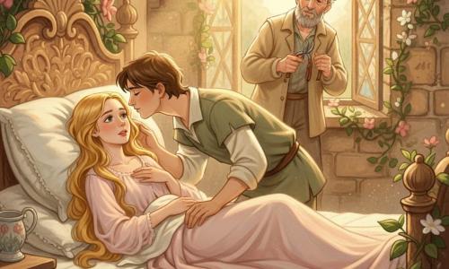 La Bella Durmiente es una adolescente recostada en una gran cama antigua, rostro sereno y algo sorprendido, piel clara, largo cabello dorado sobre la almohada, vestido rosa pálido arrugado y mano sobre el pecho; el joven héroe Mateo, unos 18 años, de expresión dulce y valiente, cabello castaño corto y ropa de viaje beige y verde, arrodillado junto a la cama acercando un beso en la frente con la mano izquierda extendida; el viejo jardinero, hombre de unos 60 años con barba canosa y chaqueta de lona, de pie cerca de una ventana entreabierta con un pequeño podón y mirada emocionada; enmarcan la escena una liana gruesa y zarzas verdes con flores silvestres rosas y blancas que invaden la cabecera, en una torre de castillo luminosa de muros de piedra y tapices desvaídos, rayos de sol dorado atravesando el polvo; momento del despertar por un beso compasivo que disipa la magia, atmósfera esperanzadora, colores suaves y contrastes cálidos, con texturas de gouache visibles: pinceladas, lavados y empastes leves.