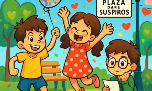 Hay 3 personajes: Nico, un niño de 10 años con cabello castaño alborotado y una gran sonrisa traviesa, lleva una camiseta amarilla brillante y un short azul, sosteniendo un globo de confeti en su mano derecha, listo para lanzarlo; Lucía, una niña de 9 años con cabello largo y ondulado recogido en dos coletas, viste un vestido rojo con lunares blancos y zapatos rosas, saltando de alegría con los brazos en alto junto a Nico; y Max, un niño de 10 años con gafas redondas y cabello castaño, lleva un suéter verde y jeans, sentado en el suelo sosteniendo una carta misteriosa, con aire pensativo, ligeramente detrás de Lucía y Nico. La escena se desarrolla en la Plaza de los Suspiros, un lugar mágico con árboles en forma de corazón, bancos de madera coloridos y nubes de caramelo flotando en el cielo azul, decorada con guirnaldas de corazones de papel y niños jugando, llenando el aire de risas. Los tres amigos descubren una carta misteriosa en el suelo, rodeados de confeti colorido, listos para convertirse en detectives y desvelar el secreto del admirador oculto.