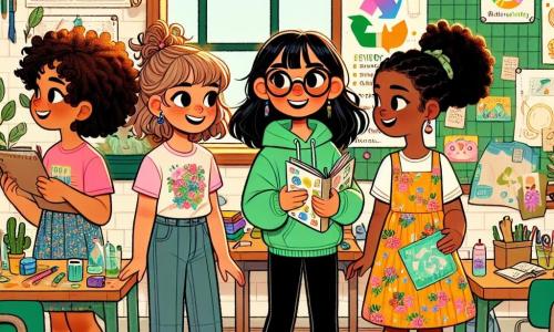 Four girls, about 10 years old, are standing in a colorful, lively classroom. Mia, with curly brown hair, is wearing a pink t-shirt and jeans, smiling joyfully while holding a colorful poster about recycling. Ella, with glasses and straight hair in a ponytail, is next to Mia, reading notes from a small notebook. She is wearing a light blue t-shirt and a floral skirt. Sophie, with wavy brown hair, is slightly back, holding a whiteboard with energy graphs. She is dressed in a green hoodie and black pants. Isla, with wavy blonde hair, is by the window, holding recycled materials for a creative workshop, wearing a yellow dress with floral patterns. The classroom is filled with colorful decorations, environmental posters on the walls, and potted plants by the windows. A large blackboard at the back displays children's drawings about nature. The girls are preparing their presentation for the 