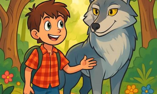 Un ragazzo di 12 anni, di nome Marco, si trova al centro della scena, con occhi brillanti di curiosità e un sorriso determinato. Ha i capelli castani disordinati, una camicia a quadri rossa e pantaloni corti di denim. Marco guarda con meraviglia un grande lupo maestoso al suo fianco, il cui pelo è di un grigio argentato, con occhi gialli scintillanti pieni di saggezza. Il lupo, imponente ed elegante, si tiene leggermente in disparte, osservando Marco con un'espressione benevola. La scena si svolge nel cuore di una foresta incantata, con alberi immensi e tronchi nodosi che si ergono verso il cielo, mentre fiori colorati punteggiano il terreno. Un dolce raggio di sole filtra tra i rami, illuminando il viso di Marco e il pelo del lupo. Marco e il lupo si trovano su un sentiero tortuoso, circondati dalla magia della natura. Marco, pieno di entusiasmo, tende la mano verso il lupo, pronto a condividere un'avventura indimenticabile in questo mondo misterioso.