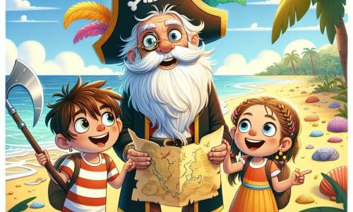 Hoofdpersonage Kapitein Karel is een oudere man met een lange witte baard en een piratenhoed versierd met kleurrijke veren. Hij heeft een warme glimlach en sprankelende ogen van opwinding, met een schatkaart in de ene hand en een ijsbijl in de andere, klaar om op avontuur te gaan. Naast hem staat Tim, een jongen van ongeveer 10 jaar met rommelig bruin haar en een gestreept t-shirt, die nieuwsgierig naar de kaart kijkt, en Lila, een 9-jarig meisje met gevlochten blond haar in een kleurrijke jurk, die enthousiast naar een grote palm wijst. De scène speelt zich af op een zonnig strand, met zachte golven die op de kust breken, palmbomen die zachtjes in de wind wiegen, en een klein groen eiland in de verte. Karel, Tim en Lila ontdekken een schatkaart, omringd door goudkleurig zand en schelpen, klaar om op zoek te gaan naar een spannend avontuur op het mysterieuze eiland.