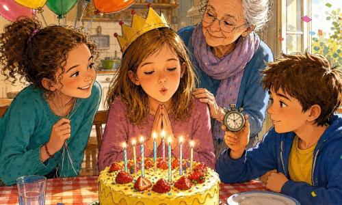 Una bambina di 10 anni, felice ed emozionata, capelli castano chiaro medi, corona di carta storta, soffia le candeline su una grande torta glassata gialla con fragole; a sinistra Giulia, ~10 anni, capelli ricci raccolti, sorride e tiene un mazzo di palloncini colorati; a destra Tommaso, ~10 anni, concentrato e rassicurante, mostra un piccolo cronometro metallico vicino a un piatto vuoto; dietro la nonna di ~70 anni, capelli grigi raccolti, sciarpa morbida, mano sulla spalla della bambina, sguardo tenero; ambiente soggiorno-cucina caldo con pareti crema, festoni di carta, palloncini, tovaglia a quadri rossi e bianchi, luce soffusa da una finestra socchiusa che muove qualche coriandolo; scena del soffio delle candeline, volti illuminati dalla fiamma, gesti d'amicizia, stile disegno a inchiostro con colori vivaci e tratti espressivi.