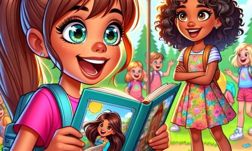 Una niña de 12 años, Lucía, con cabello castaño en una coleta, ojos llenos de curiosidad y una sonrisa radiante, está en el centro de la imagen, sosteniendo un libro de aventuras. Lleva una camiseta colorida y un short de mezclilla, y su expresión muestra una palpable emoción, como si hubiera descubierto un tesoro. A su lado, su mejor amiga Vera, también de 12 años, con cabello rizado y flequillo, sonríe ampliamente, con los brazos cruzados, llena de energía. Lleva un vestido de flores y sandalias, lista para la aventura. El escenario es un patio escolar soleado, con árboles verdes de fondo, juegos coloridos y niños riendo y divirtiéndose a su alrededor. La situación principal muestra a Lucía y Vera, rodeadas de sus compañeros, resolviendo un enigma para una búsqueda del tesoro. Lucía, con una mirada decidida, lee la primera pista en voz alta, mientras los demás niños se acercan con expresiones de entusiasmo y curiosidad.