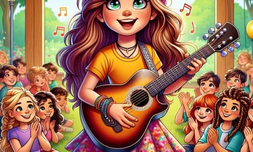 Ein 10-jähriges Mädchen mit langen braunen Haaren und funkelnden Augen steht auf einer Holzbühne und hält eine glänzende Gitarre. Sie trägt ein leuchtend gelbes T-Shirt und einen Blumenrock, ihr Gesicht strahlt vor Aufregung und Stolz. Neben ihr applaudiert ihre beste Freundin Mia, ebenfalls 10 Jahre alt, mit geflochtenen blonden Haaren und einem ermutigenden Lächeln, die Augen leuchtend vor Bewunderung. Im Hintergrund sitzen Klassenkameraden im Alter von 9 bis 11 Jahren auf Bänken, lächeln und sind von der Darbietung gefesselt. Der Ort ist ein sonniger Schulgarten, gefüllt mit bunten Blumen und schwebenden Ballons, mit dekorativen Girlanden, die an den Bäumen hängen. Die Hauptsituation zeigt das Mädchen, das Gitarre spielt, während die Musiknoten um sie herum schweben und das Publikum freudig applaudiert, was eine festliche und herzliche Atmosphäre schafft.