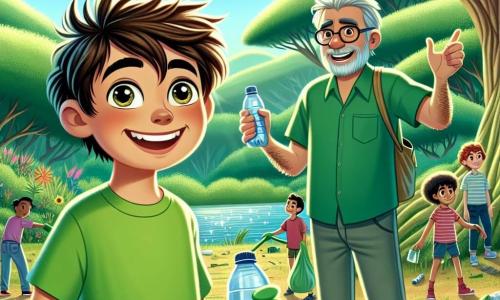 Um garoto de 10 anos, Miguel, com cabelo castanho bagunçado e olhos cheios de curiosidade, está em pé em uma floresta verdejante. Ele usa uma camiseta verde vibrante e um short de jeans, sorrindo entusiasticamente enquanto segura uma garrafa reutilizável em uma mão e uma luva de jardinagem na outra, pronto para limpar a natureza. Ao seu lado, Carlos, um homem de cerca de 50 anos, com barba grisalha e óculos, explica com paixão a importância da conservação, enquanto aponta para uma grande árvore majestosa. Ao fundo, crianças de várias idades, algumas usando luvas e outras segurando sacos de lixo, estão ocupadas recolhendo resíduos espalhados pelo chão. O local é uma reserva natural exuberante, com árvores imponentes, flores coloridas e um pequeno lago brilhando sob o sol. A cena transmite uma sensação de camaradagem e compromisso, ilustrando o esforço coletivo para proteger o meio ambiente.